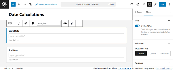 date fields added with “is timestamp” on