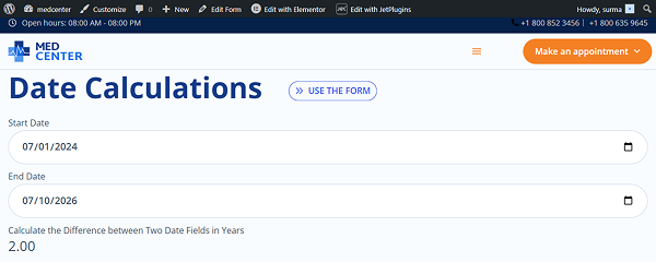 get results for the difference between two Date Fields in years