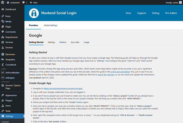 google integration guide page is displayed