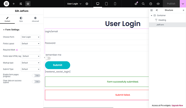 login form added to the elementor page