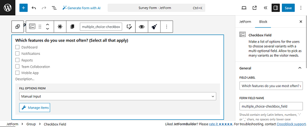 multiple choice checkbox set up
