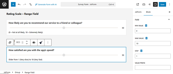 rating and slider range fields set up