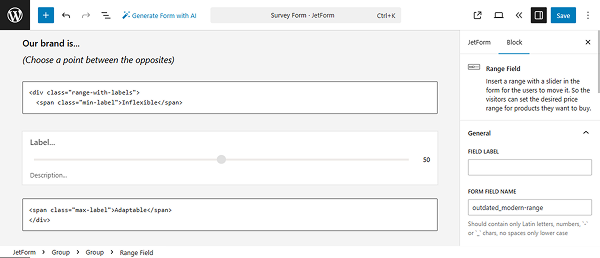 semantic differential scale fields set up