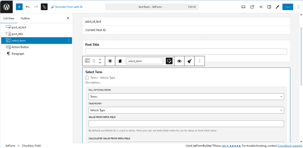 settings of the checkbox fields