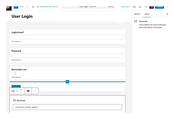 shortcode added to the login form
