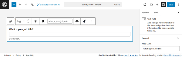 text field for the short text setup