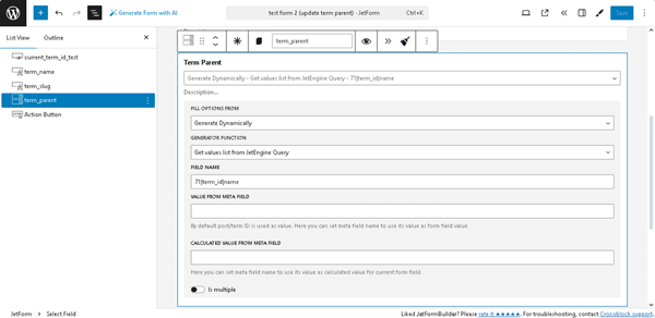 the checkbox field settings for displaying parent terms