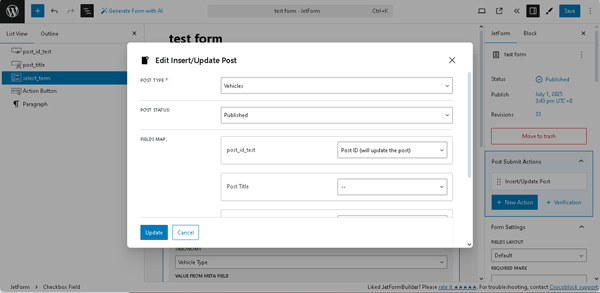 the insert and update post pop-up settings