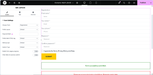 the jetform widget added to a page