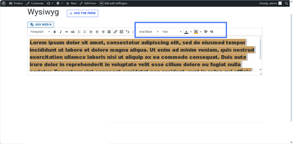 the wysiwyg field with additional settings on the front end