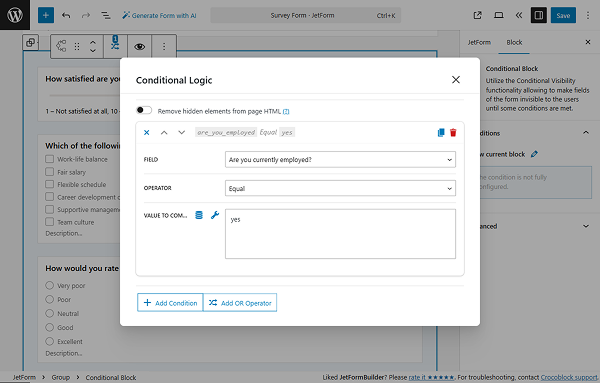 visibility rules for the conditional block is set