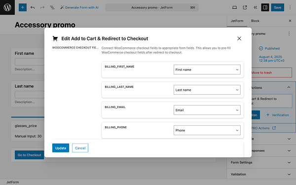 add to cart & redirect to checkout field map