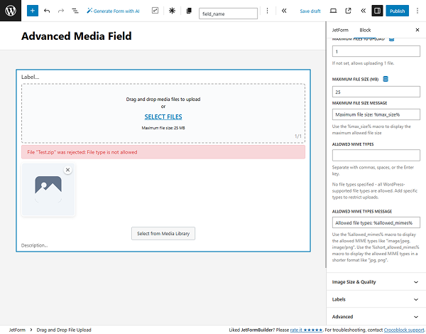 allowed mime types for Drag & Drop File Upload