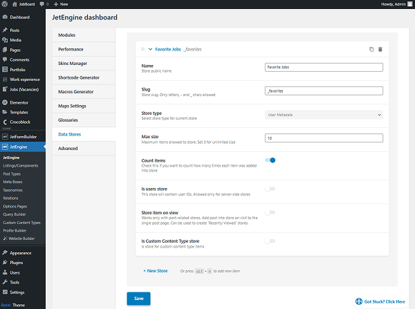 data store creation section