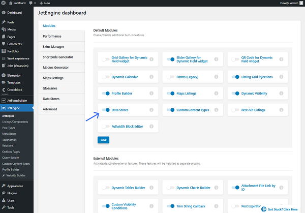 data stores module activated