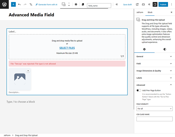 drag and drop file upload block advanced settings