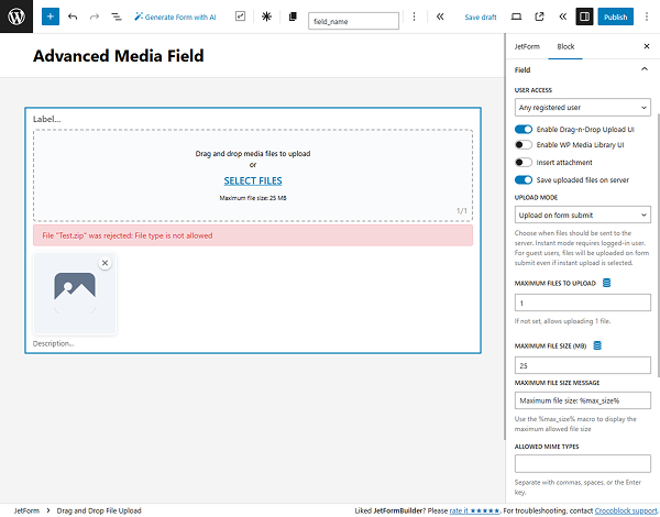 drag and drop file upload block fields settings