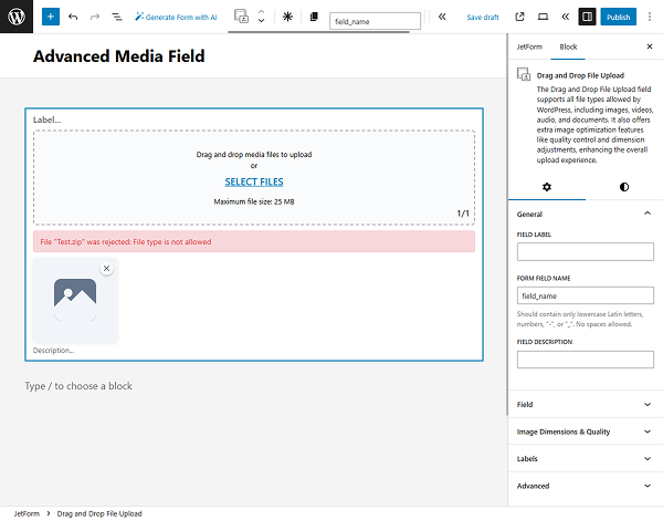 drag and drop file upload block general settings