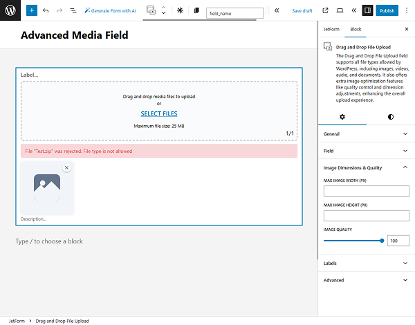 drag and drop file upload block image size & quality settings