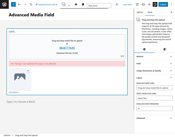 drag and drop file upload block labels settings