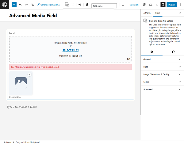 drag and drop file upload block settings tab