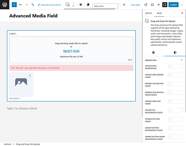 drag and drop file upload block style settings