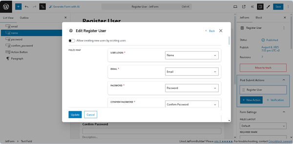 edit register user pop-up