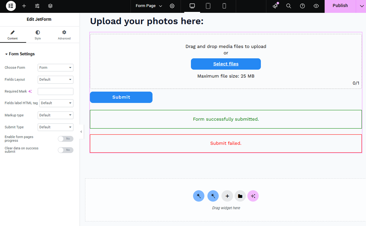jetform widget in elementor