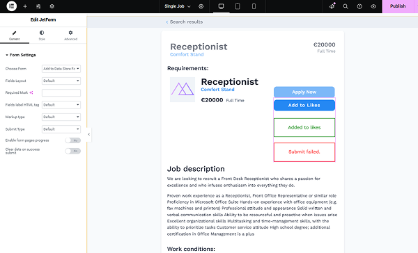 jetform widget in the elementor template