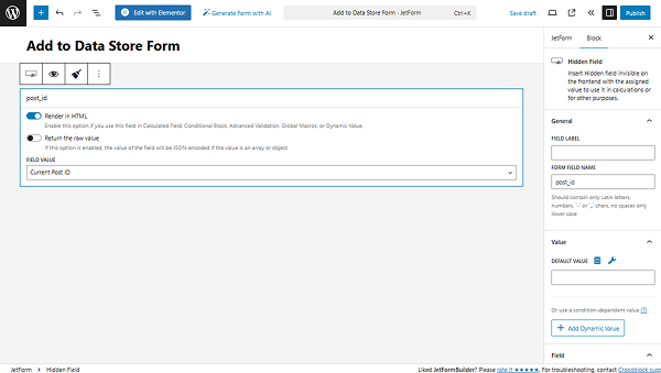 post id hidden field in the add to data store form