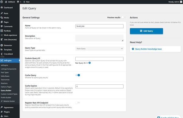 query builder general settings section