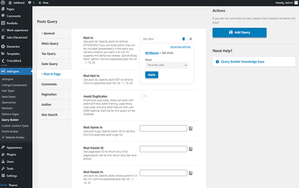 query builder post and page tab