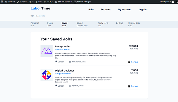 saved jobs in the user account