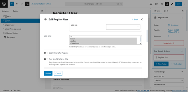 assigning user roles in the edit register user pop-up