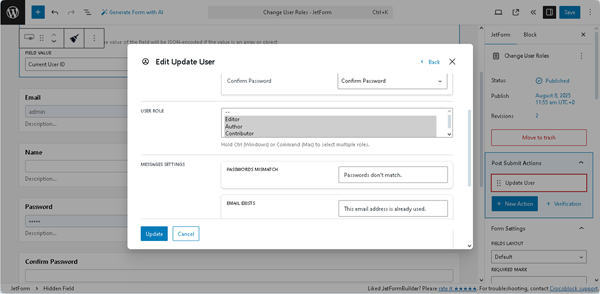 the edit update user pop-up