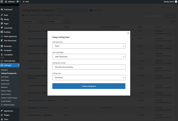 setup listing item pop-up