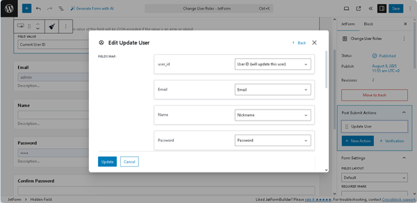 the edit update user pop-up