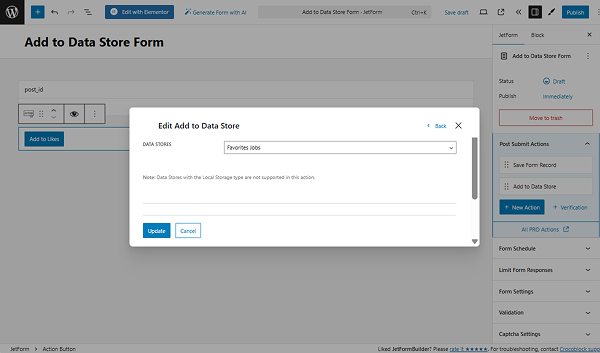 the first part of the edit add to data store action pop-up