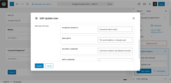 the message settings of the edit update user pop-up
