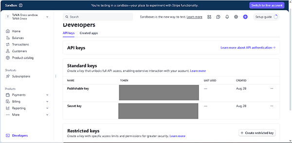 API keys generated in the stripe dashboard
