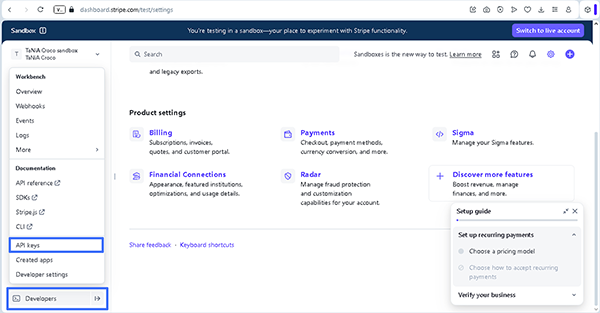 API keys tab of the stripe dashboard
