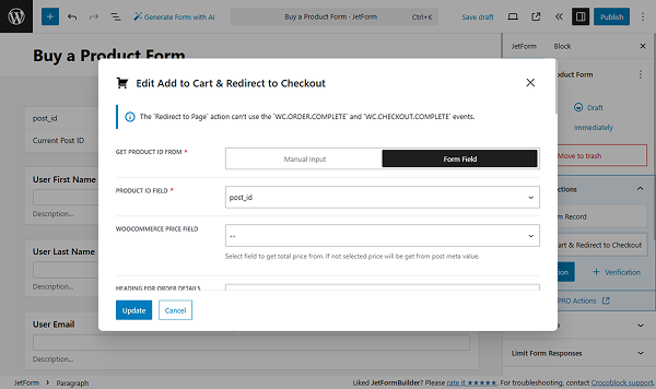 add to cart & redirect to checkout action