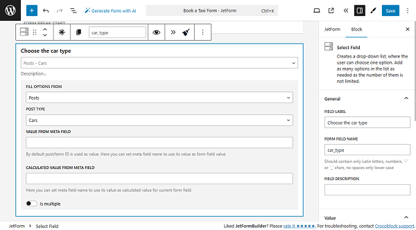 car type select field set up