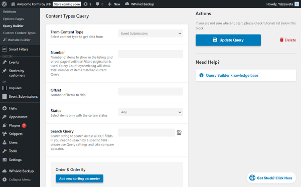 content query tab settings of the query