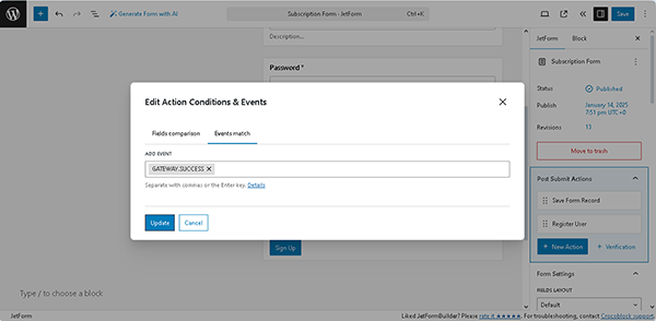 edit actions, conditions, and events