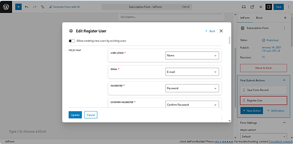 edit register user settings