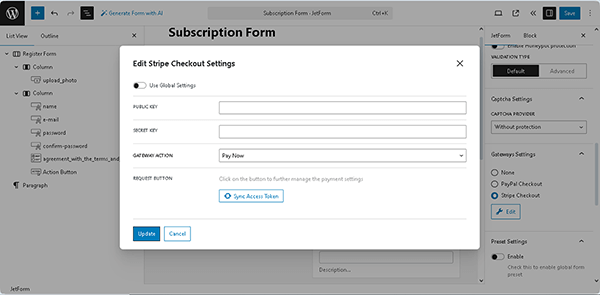 edit stripe checkout settings pop-up