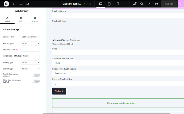 form added to the page