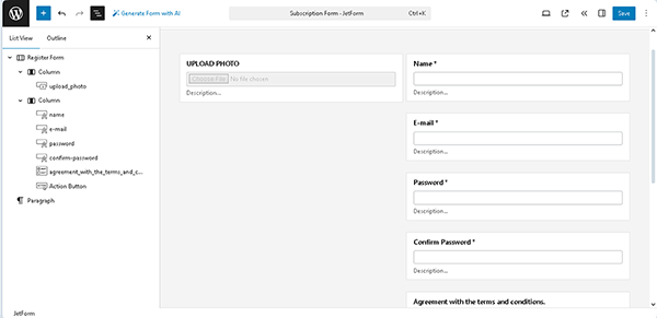 a form with fields created