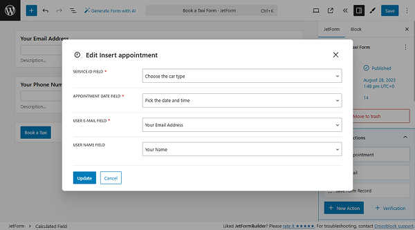 insert appointment submit action settings
